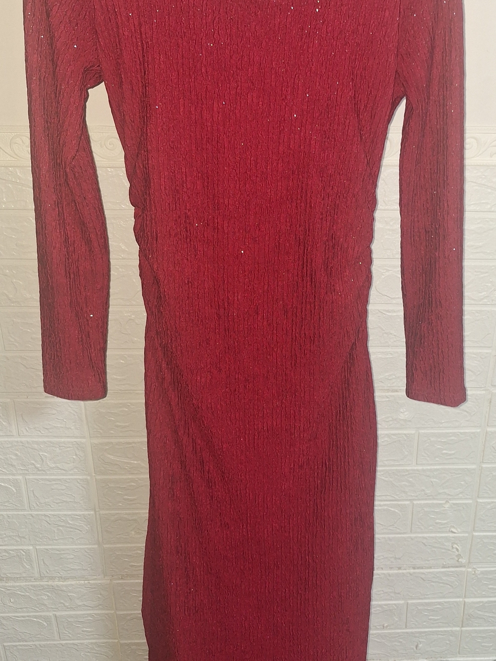 SHEIN Long-Sleeve Textured Wine Red Bodycon Dress